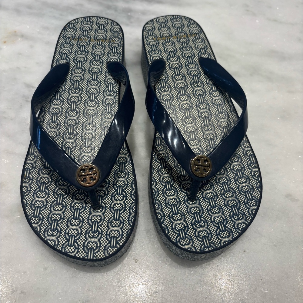 Tory Burch Blue Patterned Flip Flops
